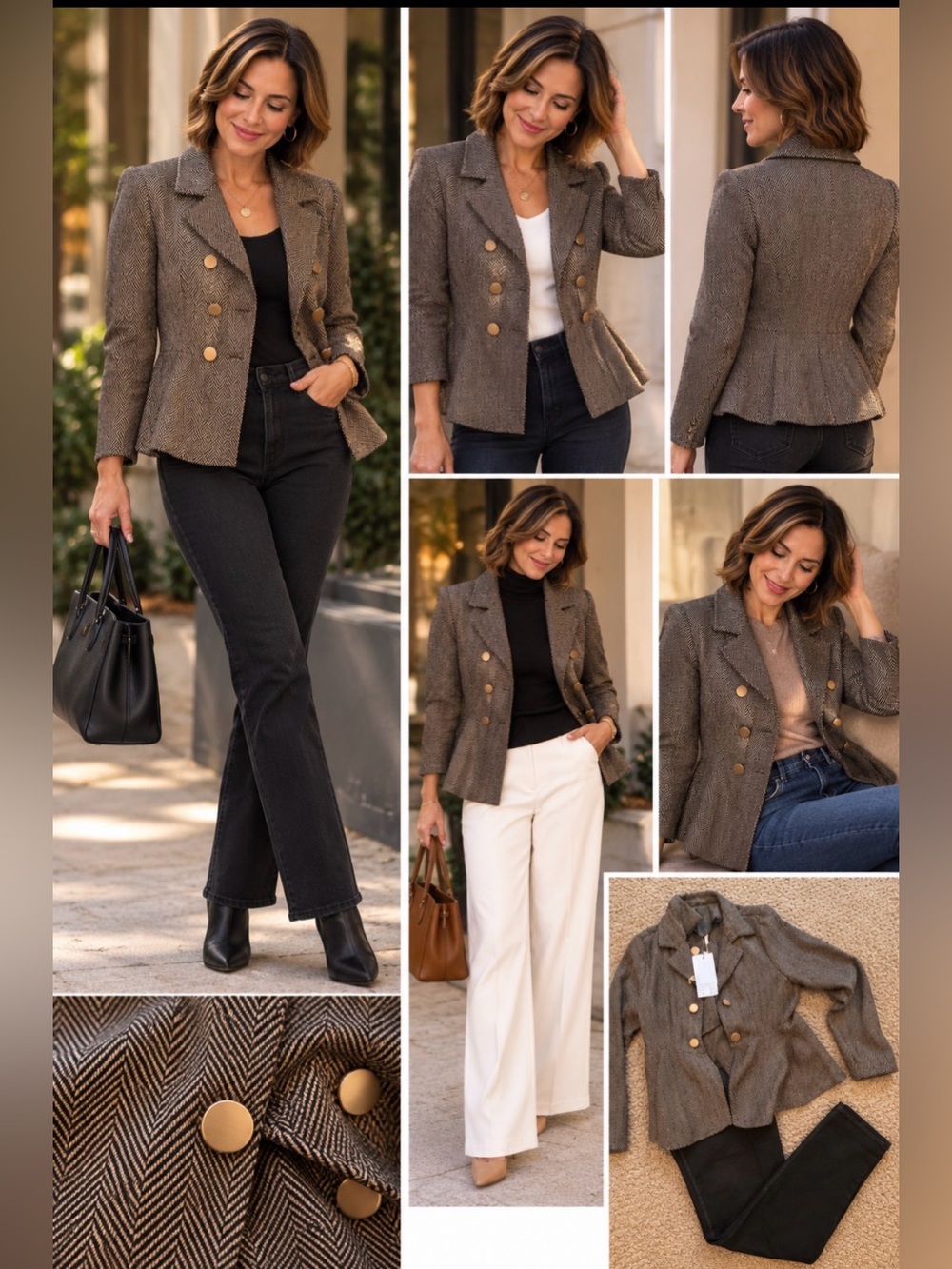Women’s Double-Breast Herringbone Peplum Jacket - Brown/Black